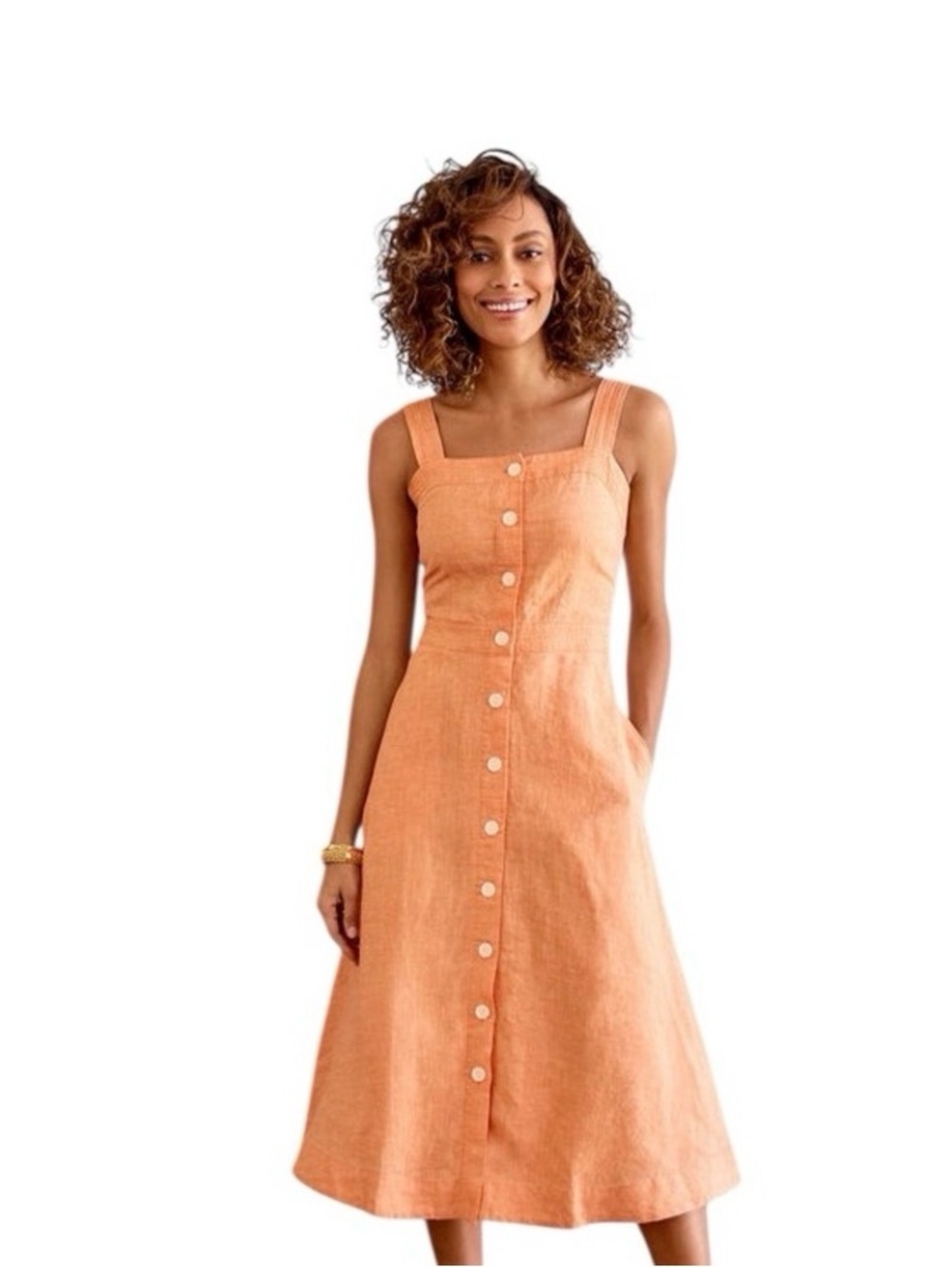 100% Linen Square Neck Fit & Flare Sleeveless Dress with Pockets in Orange 16W